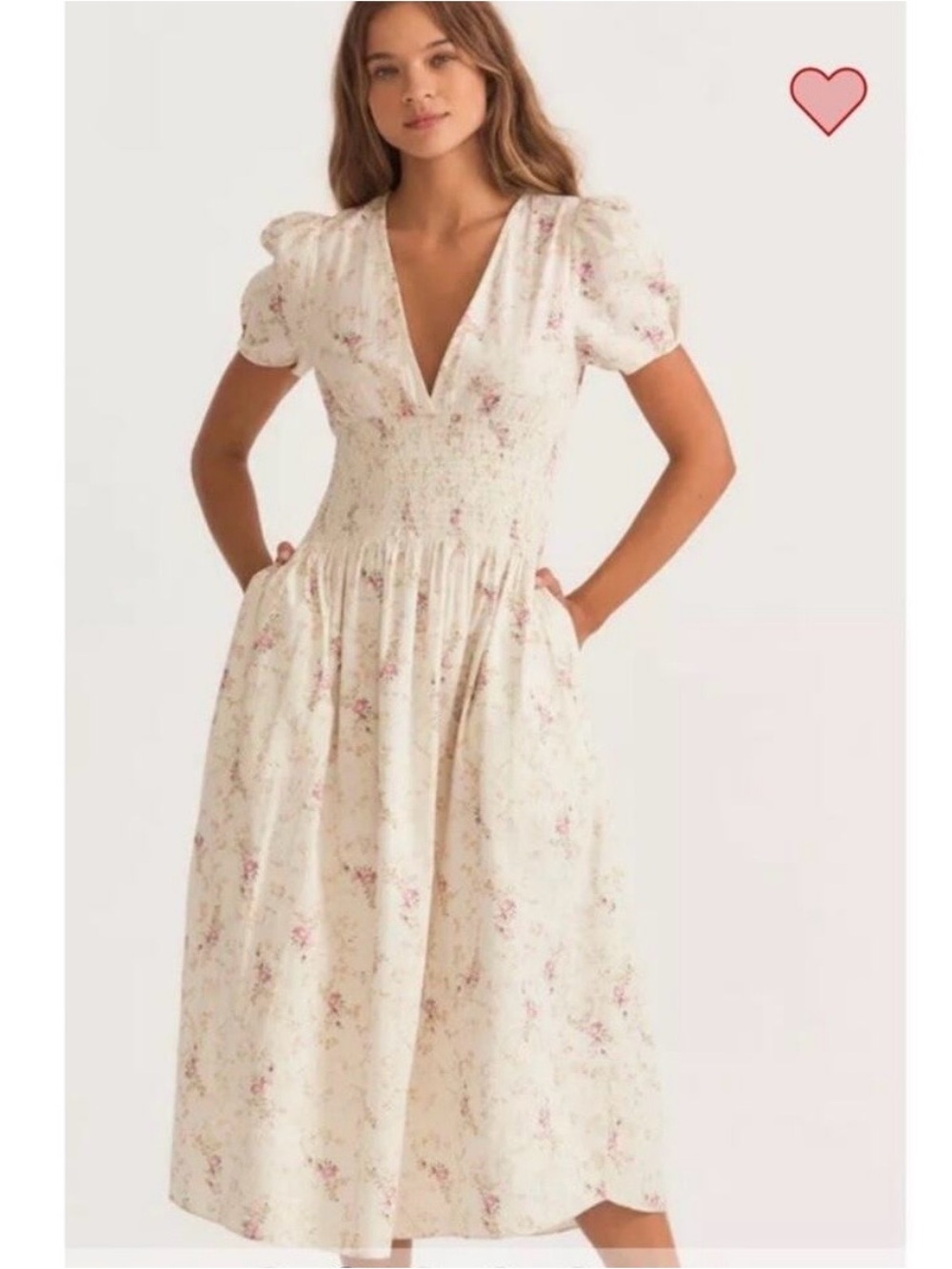 LoveShackFancy Rare Cottagecore Cream Floral Smocked Midi Dress | Size S